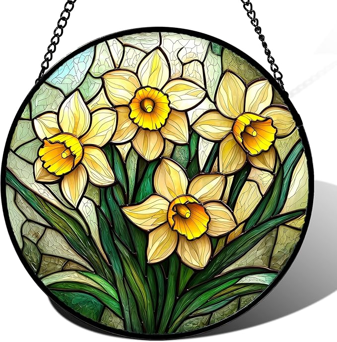 DASTOLL Stained Glass Window Hanging, Daffodil Plant Flowers Sun Catchers Diamond Glass Panel Hangings Suncatcher Decor for Birthday for Women, Men, Wife, Aunt, and Mom 14.9x14.9 in