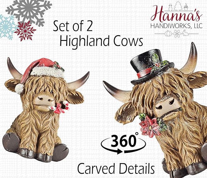 Holiday Scottish Highland Cows - Set of 2 | Resin Home Decor with Christmas Santa Hat Accents | Seasonal Xmas Decor for Centerpiece, Mantel, Kitchen, Dining Room, and More | 4 ½ inches tall