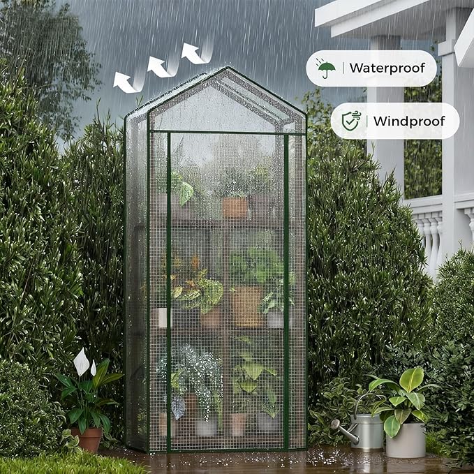 Bamworld Mini Greenhouse for Outdoor 3-Tierd Reusable Portable Warm House with PE Cover Compact Garden and Backyards Portable Rack with Sturdy Eucalyptus Frame Winter-Proof for Plant Protection