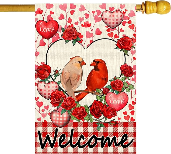 Welcome Valentine’s Day Cardinal Buffalo Love Heart Balloons House Flag large 28X40 Inch Big Vertical Double Sided Yard Outdoor Outside Holiday Decoration