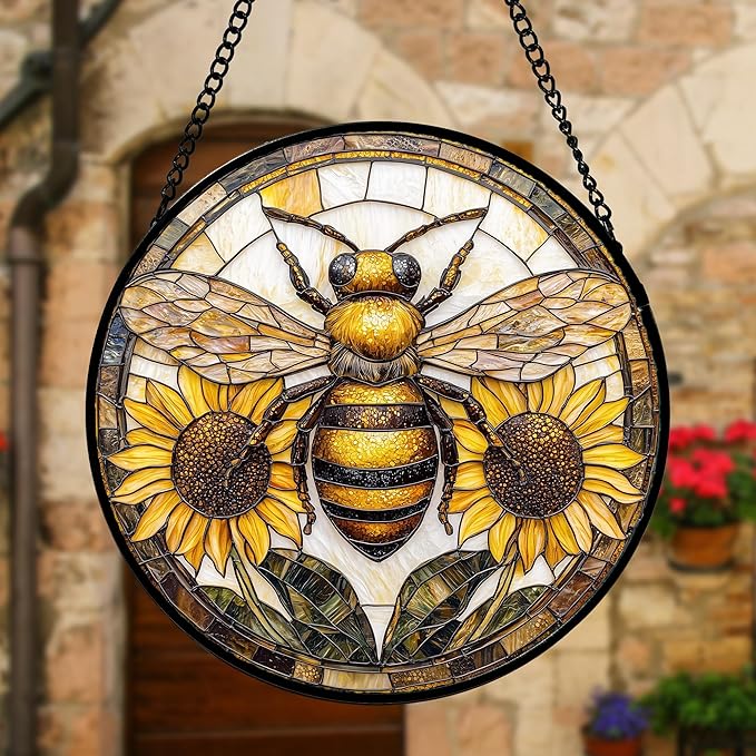 DASTOLL Stained Glass Window Hanging - Bee Sunflower Yellow Suncatcher Ready to Hang Window Doors Home Decoration and Christmas, Mother's Day Birthday Gifts for Women, Men, and Mom 11.8x11.8 in