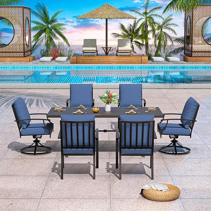 7-Piece Patio Dining Set Outdoor Conversation Set,Metal Outdoor Furniture Set with Umbrella Hole Cut-Out 78.7" x 35.4" Table and 6 Metal Chairs for Backyard,Garden,NavyBlue
