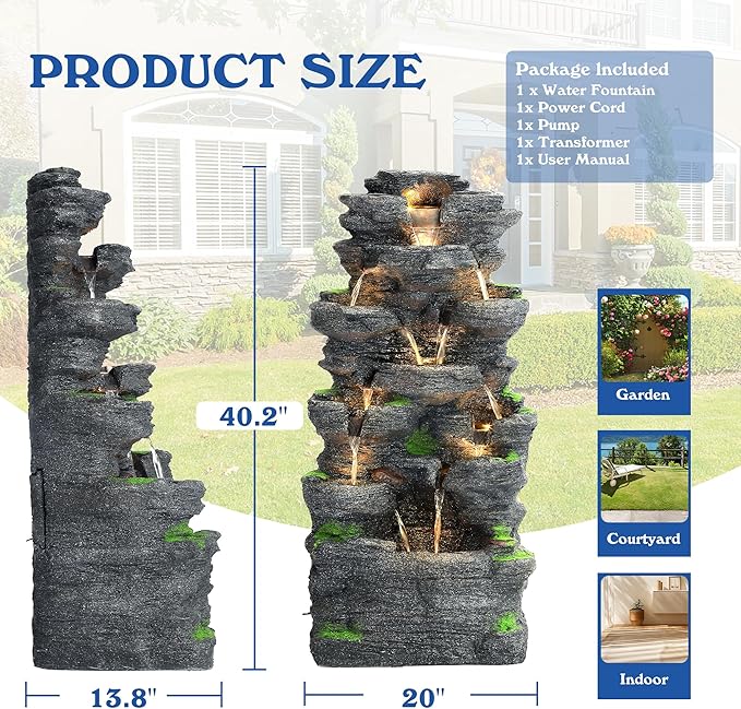 40''H Outdoor Water Fountain - Garden Rock Waterfall Fountains, Outdoor/Indoor Floor Standing Resin Water Fountain with 10 LED Light for Patio, Garden and Backyard, Deck, Porch, Home