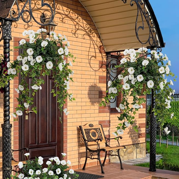 Ttranewsoo Artificial Flowers Faux Outdoor Plants Artificial Petunias for Outdoors Uv Resistant Fake Petunias Plants Hanging Flower Patio Decor Outside Basket Realistic Silk Plant No Pot(White 2pcs)