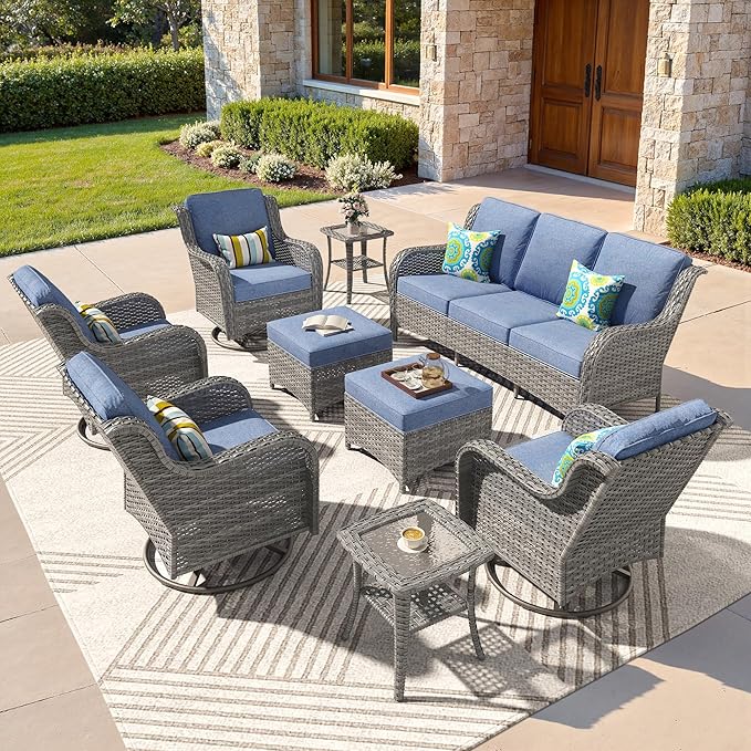 ovios 9 Pieces Patio Furniture Set, Outdoor Wicker Sofa Couch with Swivel Chairs Ottomans Comfy Cushions, High Back Modern All Weather Conversation Sets, Grey Rattan, Denim Blue