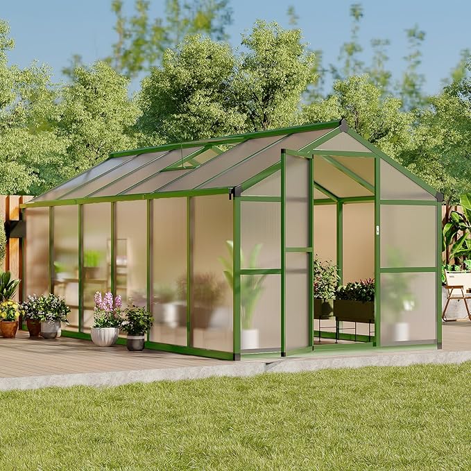 8X12 FT Greenhouse, Polycarbonate Garden Greenhouse for Outdoors,Aluminum Frame Green House with Lockable Door and Adjustable Roof Vent, Ideal for Backyard Patio and Outside Growing