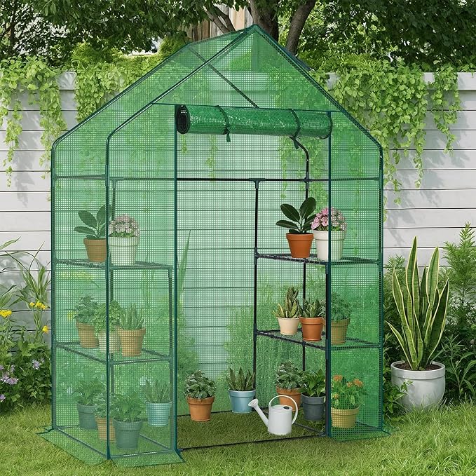 Outvita Walk-in Greenhouse, Outdoor Durable PE Plant Green House for Frost Protection with 3 Tiers 4 Shelves, Shelf Clips, Roll-up Zipper Door, 56"x29"x77" Green