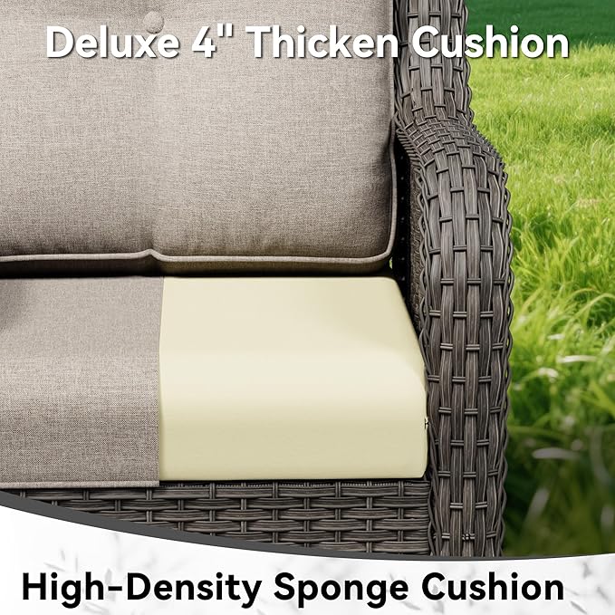 7 Piece Outdoor Wicker Patio Furniture Set, Patio Chairs Set with Thickened Olefin Cushions, High Back and Deep Seating, Hand-Woven PE Rattan, Ottoman for Porch, Deck