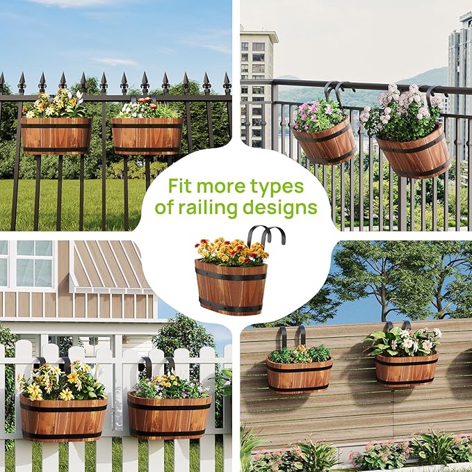 Wooden Hanging Planter for Railing Fence Outdoor Planter Railing Planter Boxes for Plants Wall Planters Window Flower Box Hanging Bucket Pots Countryside Plant Holder (Brown,1pcs,Small)
