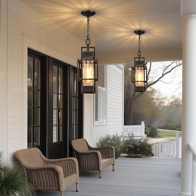 15" Outdoor Indoor Pendant Light Exterior Hanging Lantern, Modern Black Metal Outside Chandelier Light Fixture Ceiling Mount with Water Glass for Front Porch Entrance Foyer Entryway, Black Brush Gold