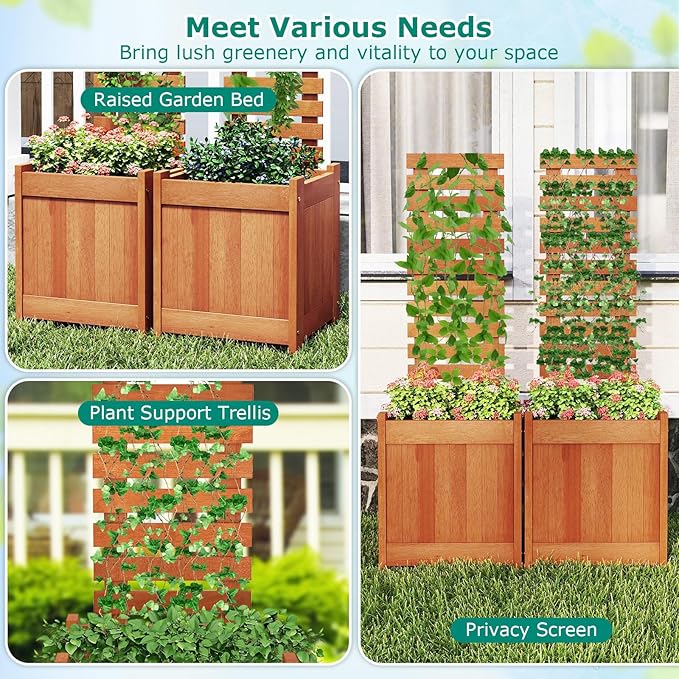 Giantex Wood Raised Garden Bed with Trellis, Outdoor Planter Box w/Open-Ended Base for Vines Flowers Vegetables, Herbs, Freestanding Plant Container Privacy Planters for Patio, Backyard