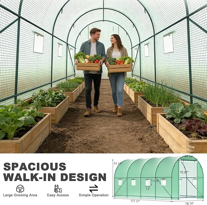 Greenhouses for Outdoors, Walk-in Green Houses for Outside Heavy Duty, Large Greenhouse with 8 Ventilated Screen Windows & 2 Roll-up Doors & Reinforced Frame (15×7×7 FT with Irrigation System)