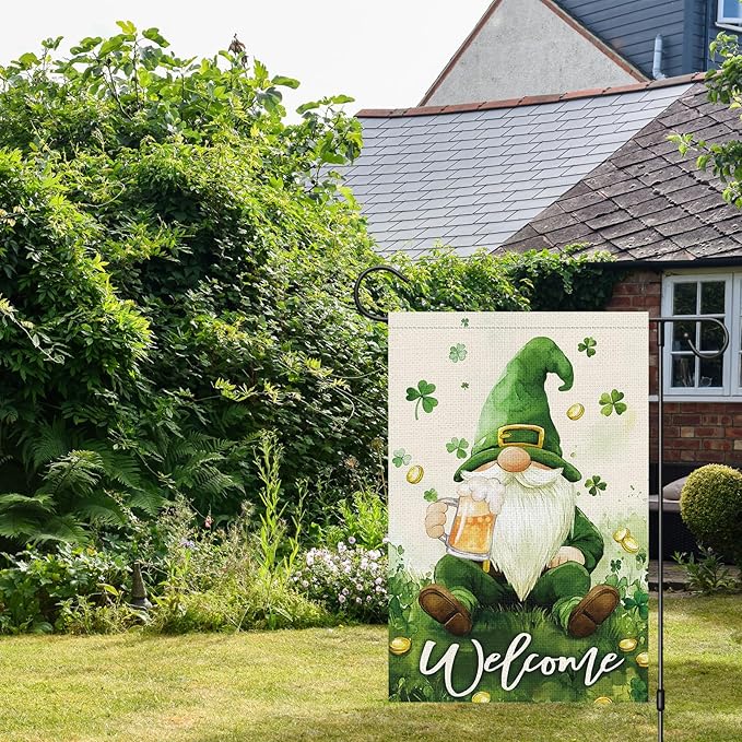 St Patricks Day Gnome Garden Flag 12×18 Inch Double Sided Lucky Shamrock Small Burlap Welcome Green Clover Holiday Outside Yard Flag