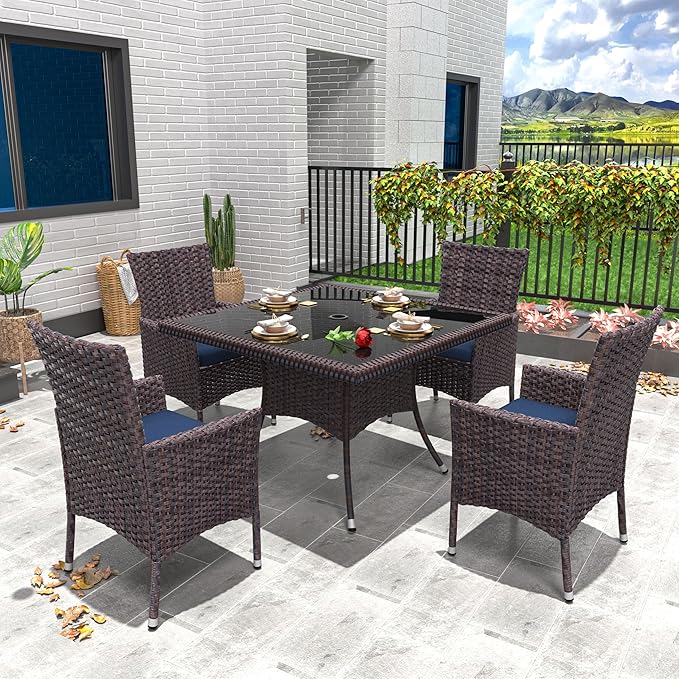 5 Piece Outdoor Dining Set,Rattan Patio Conversation Set of 4 Chairs,Patio Dining Table and Chairs w/Cushions,Square Glass Tabletop,Umbrella Cutout for Patio,NavyBlue