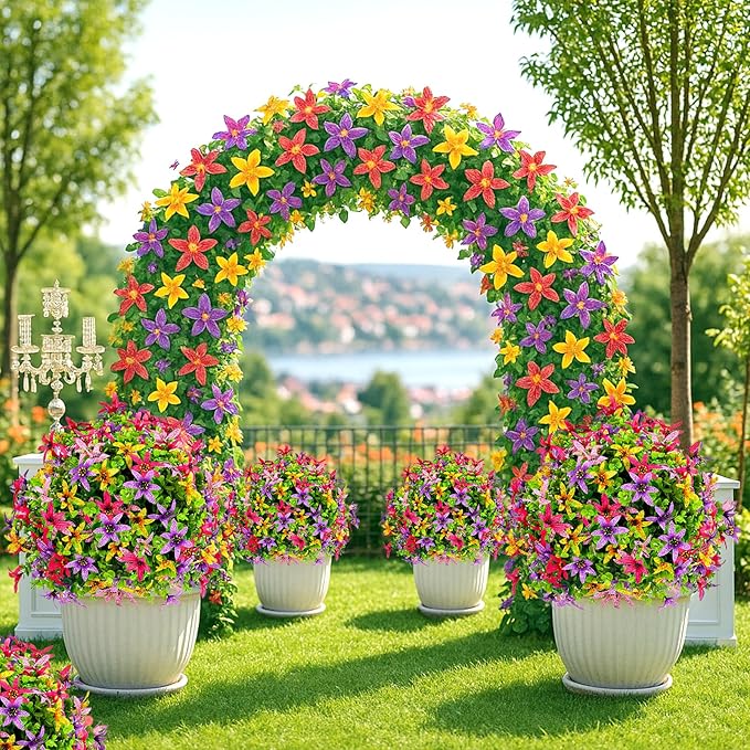 ENVEN Artificial Topiary Ball Tree Outdoor Plants with Ground Spike 22"- UV Resistant Faux Shrubs, Eucalyptus Fake Plants for Indoor & Garden, Yard, Porch, Patio Decor (Mixed Color BlackBerry Lily)