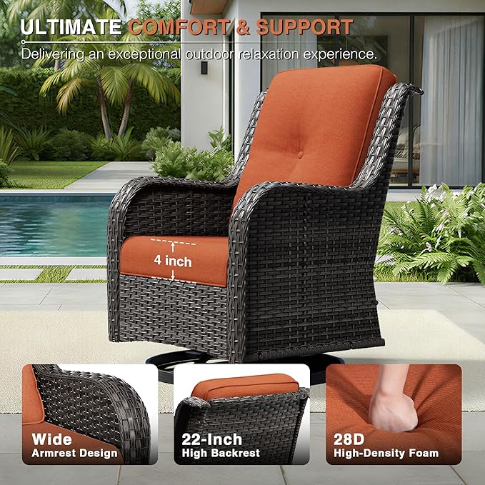 Joyside 3 Piece Wicker Patio Furniture Set, Outdoor Swivel Rocker Patio Chairs with High Back, Deep Seating, Wide Armrest, Thickened Cushions, Outdoor Furniture for Deck, Porch Use