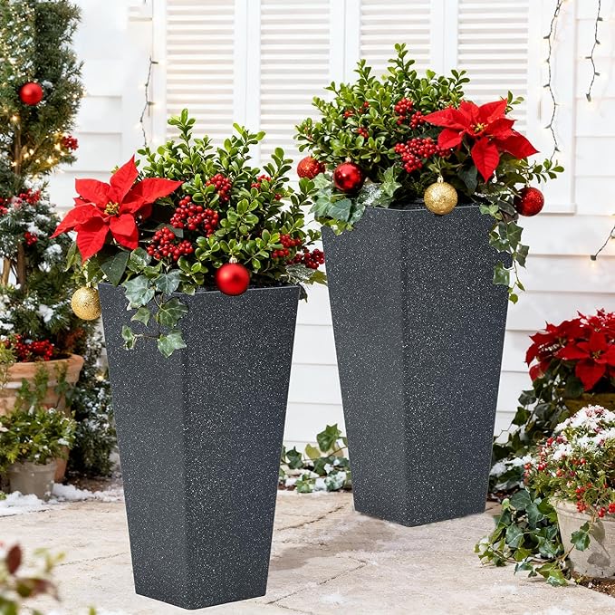 Autodaya 28" Plant Pots Tall Planters for Plants Outdoor Set of 2 Plastic Planter Pot Large Flower Pots Indoor Weather-Resistant for Patio, Porch, Garden, Front Door Christmas Decor Terrazzo Black