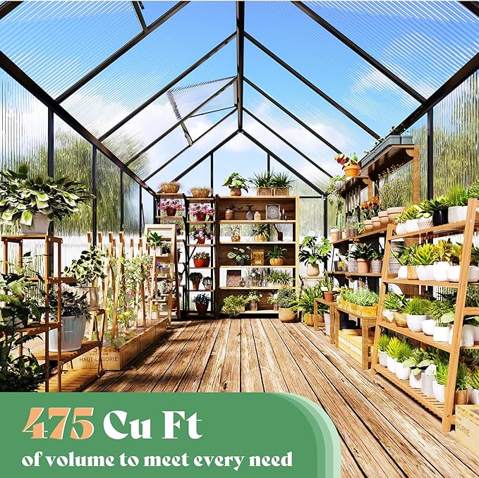 AMERLIFE 6x16 Ft Polycarbonate Greenhouse for Outdoors, Walk-in Design with Aluminum Frame, 2 Windows and Swing Door, Heavy-Duty Greenhouse Construction for Garden, Black