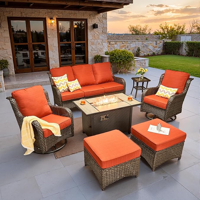 ovios 7 Pieces Patio Furniture Set, Outdoor Wicker Sofa Couch with Swivel Chairs 42" Fire Pit Table, High Back Modern All Weather Conversation Sets, Brown Rattan, Orange Red