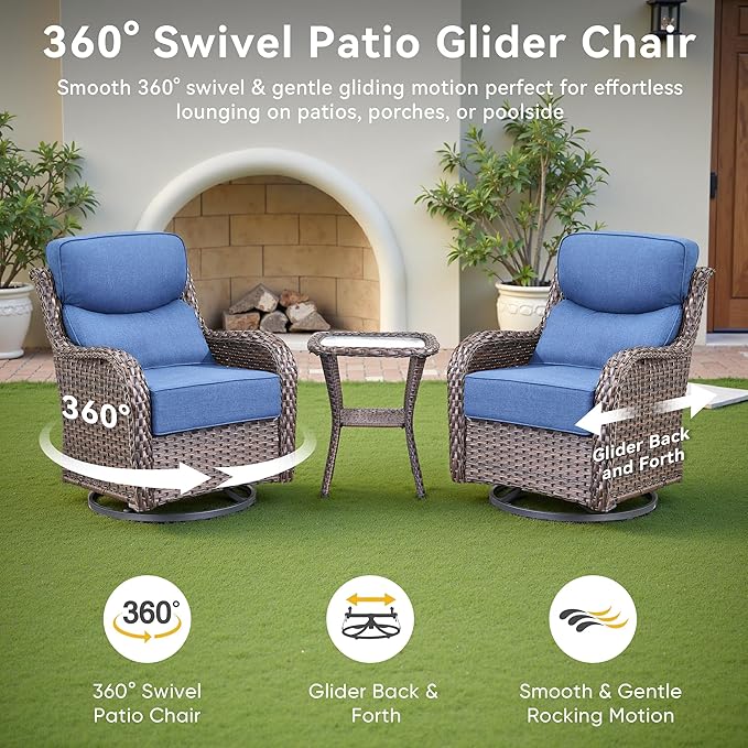 Luxury High Back Outdoor Furniture 6-Inch Thick Cushions with 50,000 BTU Gas Propane Fire Pit Tablet, Patio Furniture Set with Swivel Chairs, 8 PCS for Porch, Balcony, Deck and Yard