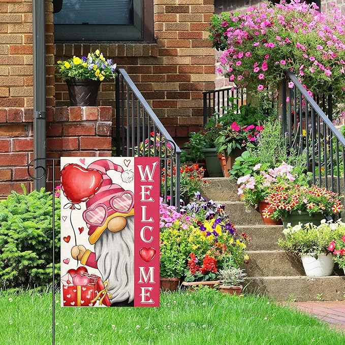 Valentines Day Gnome Garden Flag 12x18 Double Sided Vertical Outdoor Flag Love Heart Red Holiday Yard Lawn Outdoor Decoration (Love Garden Flag)