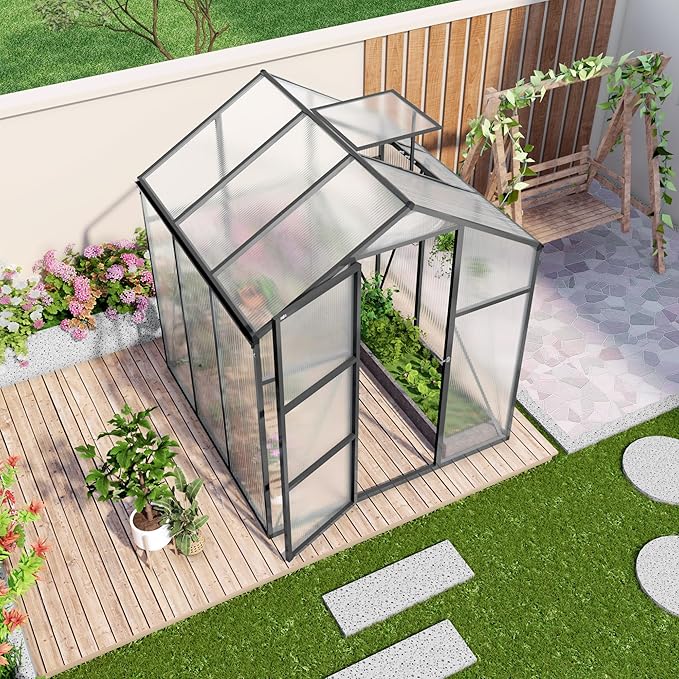 6x6 FT Greenhouse,Outdoor Greenhouse W/ Roof Vent,Walk-in Aluminum Polycarbonate Green House W/ Drainage System & Ground Nails,Green Houses for Outside Garden,Backyard,Patio,Lawn,Black