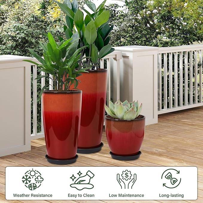 Neoaider 24/21/12 Inch Large Plastic Planter, Lightweight Ceramic-Look Tall Planters with Drain Hole & Saucers, Tall Plastic Planters for Porch, Garden, Patio, Balcony(Fiery Red)