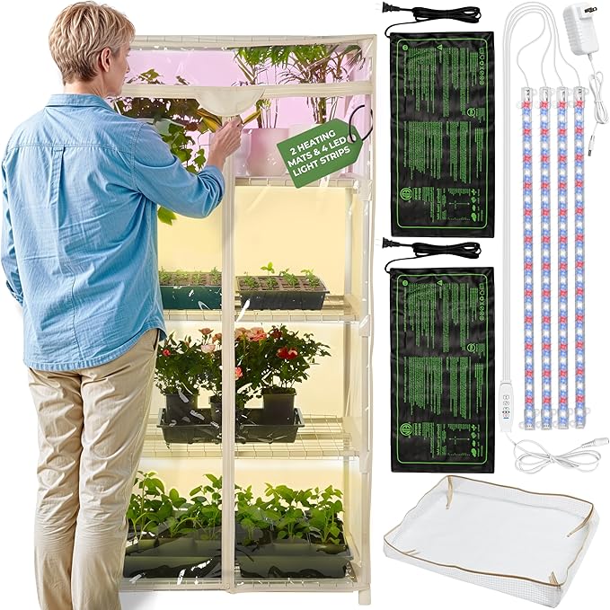 Carpathen Indoor Greenhouse with Grow Lights - 4 Tiers 27.2"L x 19.3"W x 54"H with 2 Heat Mats and 4 Dimmable 15W Full Spectrum LED Light Strips w Spectrum Control - Mini Greenhouse with Zip PVC Cover