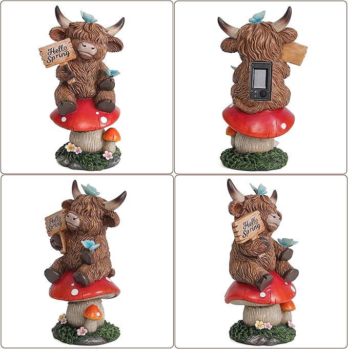 Highland Cow Garden Statue with Solar Butterfly Lights, Spring Outdoor Highland Cow on Mushroom Butterfly Decoration for Yard, Patio, Lawn, Cows Figurine Housewarming Gift for Women, Mom