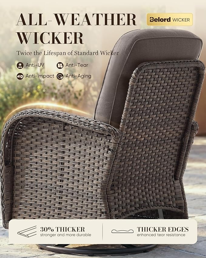 Belord Upgraded 6“ Cushion Luxury 6 Pieces Patio Furniture Set - All Weather Wicker Outdoor Swivel Rocker Patio Chairs of 4 with Side Table, High Back Glider Chairs Set for Deck Porch - Brown/Grey
