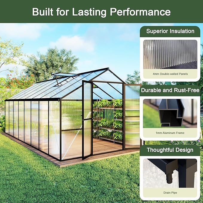 8X16 FT Greenhouse, Walk in Greenhouse with Roof Vent and Rain Gutter, Quick Setup Aluminum Large Polycarbonate Greenhouses for Outdoor Backyard Garden, Black (189" W x 96" D x 77" H)