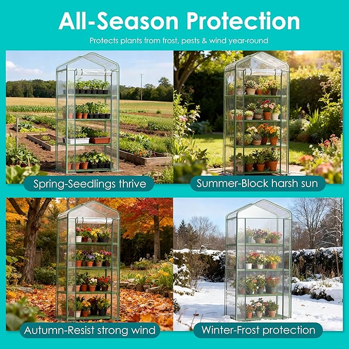 Twira 4-Tier Mini Greenhouse Outdoor, Portable Small Greenhouses for Winter, PE-coated Metal Frame & PVC Cover Green House for Outside Plants, Indoor Greenhouse Women Men Gardening Gifts 2.3x1.6x5.2ft