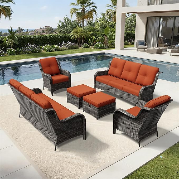 Joyside 6 Piece Wicker Patio Furniture Set, Rattan Patio Chairs with High Back, Deep Seating, Wide Armrest, Thickened Cushions, Outdoor Furniture for Deck, Porch Use
