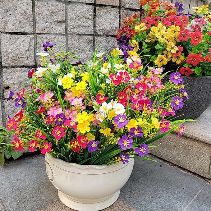 Grunyia 12 Bundles Artificial Flowers Faux Plants Spring Decoration Plastic Plants UV Resistant Shrubs for Home Indoor Outside Garden Window Porch Pots Decoration (Multicolor)