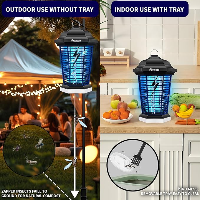 Bug Zapper Outdoor with LED Light, 5600V Electric Fly Zapper, Plug-in Mosquito Killer, 3 Prong Plug, Mosquito Zapper, Fly Traps, Flying Insects Zapper Indoor Outdoor, ABS Plastic
