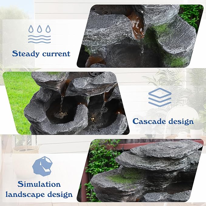 7-Tiers Garden Waterfall Fountain Outdoor - Water Fountains and Waterfalls, Outdoor/Indoor Floor Standing Resin Water Fountain with LED Light for Patio, Garden and Backyard, Deck, Porch, Home