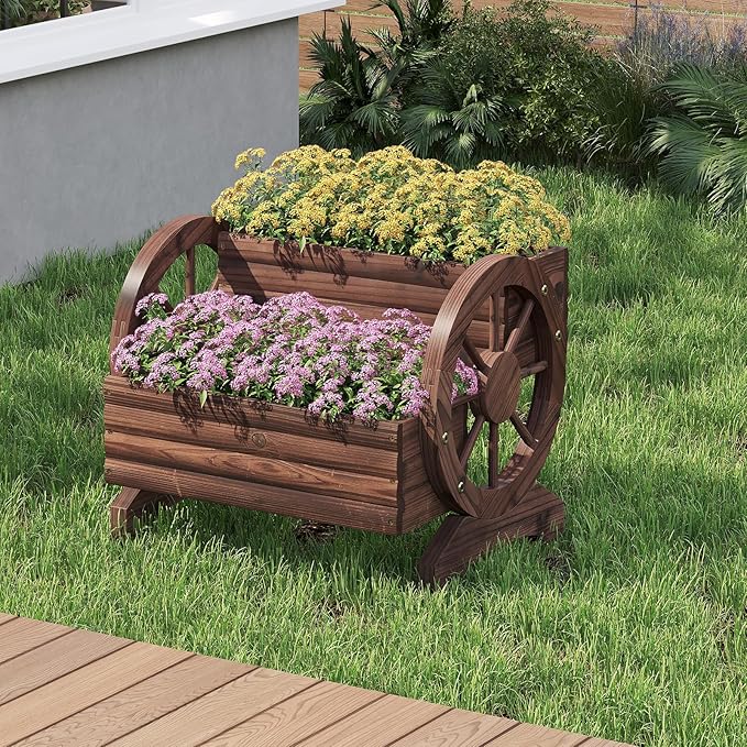 Wooden Wagon Planter Box, Standing Garden Planter, Decorative Outdoor Container