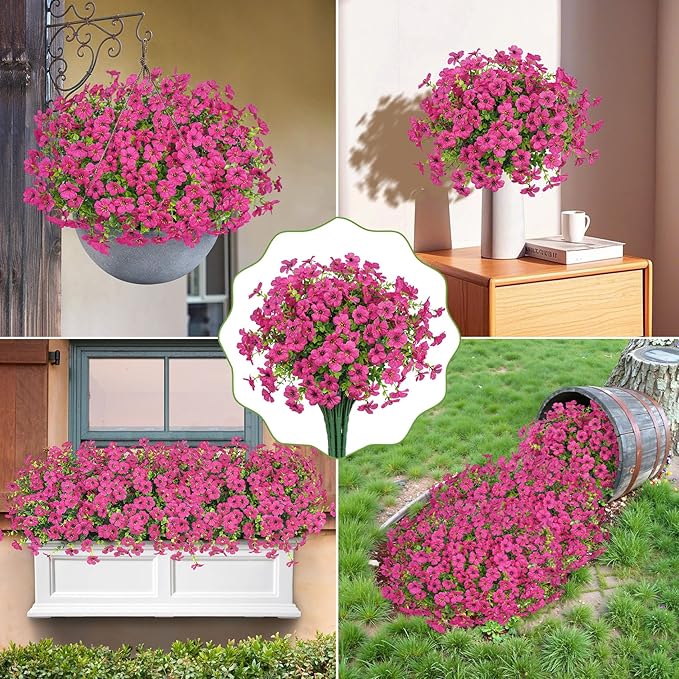 Besteek 20 Bundles Artificial Flowers for Outdoors Decoration Fake Silk Flowers UV Resistant Faux Plants Artificial Daisy Eucalyptus for Spring Summer Garden Yard Porch Window Home Decor, Fuchsia