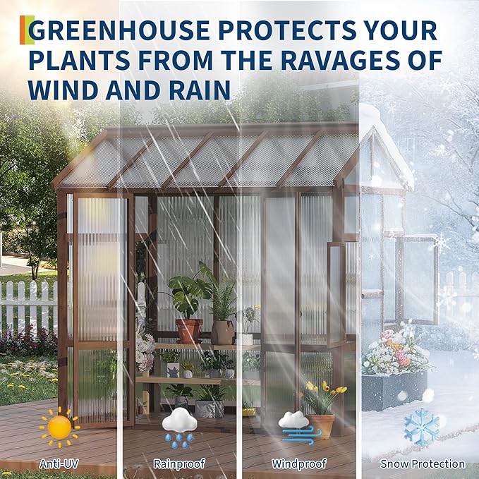 6x8 FT Heavy Duty Walk-in Wooden Greenhouse - Outdoor Green House Kit with 6mm Polycarbonate, Ventilated Window & Lockable Door for Backyard, Patio, Lawn