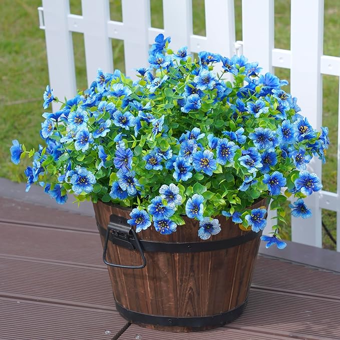 florisso Artificial Fake Plants Flowers for Outdoor Outside Summer Decoration, 12 Bundles Faux Silk Blue Daisy UV Resistant Look Real for Porch Patio Home Yard Garden Planter
