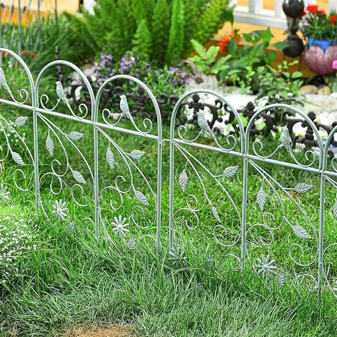 Sungmor 25in x 8ft Metal Garden Fence Border, Rustic Style Decorative Garden Fence Animal Barrier, Landscape Pathway Edge Iron Picket Fence Panels, Plant Support Climbing Trellis, Pack of 4