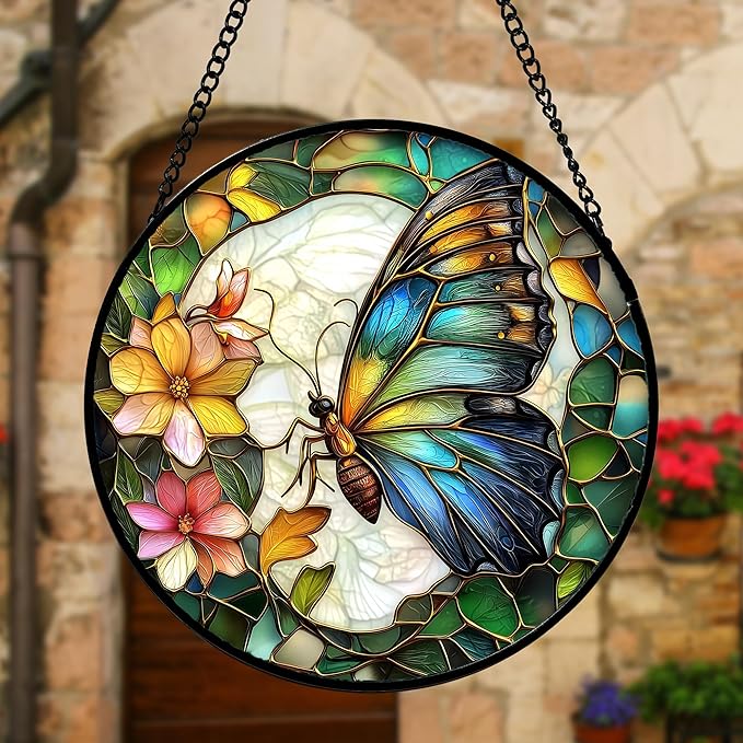 DASTOLL Stained Glass Window Hanging, Butterfly Flower Sun Catchers Diamond Glass Panel Hangings Insect Suncatcher Decor for Birthday for Women, Men, Wife, Aunt, and Mom 6.3 in