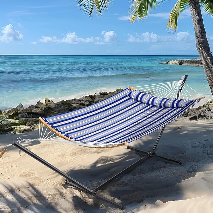 SUPERJARE Hammock with Stand, 2 Person Heavy Duty Hammock with Padded Cotton, Detachable Pillow & Strong Curved-Bar & Portable Carrying Bag, Perfect for Outdoor & Indoor, Navy Blue Stripe