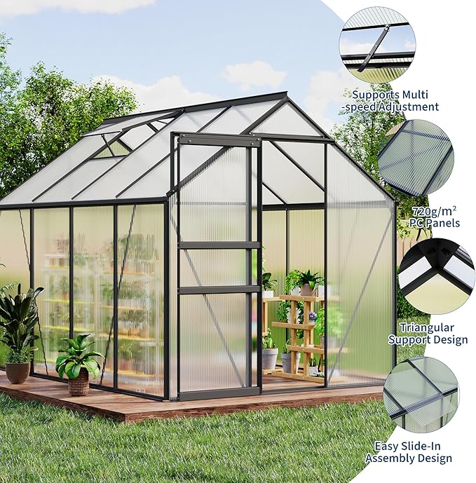 CABIHOME 6 x 8 FT Greenhouses for Outside, Polycarbonate Greenhouse with Aluminum Frame, Sliding Door, Adjustable Roof Vent, Backyard Green Houses, Patio Garden, Black