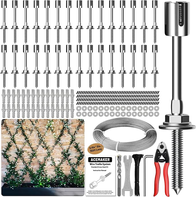 Acemaker Wire Trellis for Climbing Plants Outdoor, 30-Set Wall Wire Trellis Kit with 5/64"(2mm) x 150ft Stainless Steel Cable & Cutter, T316 Espalier System for Fence and Garden DIY Projects