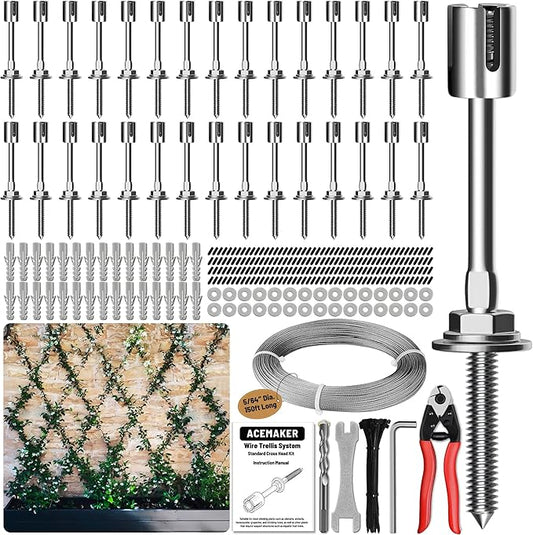 Acemaker Wire Trellis for Climbing Plants Outdoor, 30-Set Wall Wire Trellis Kit with 5/64"(2mm) x 150ft Stainless Steel Cable & Cutter, T316 Espalier System for Fence and Garden DIY Projects