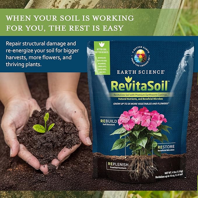 Earth Science RevitaSoil, 4 lb - Organic Soil Revitalizer - Earthworm Castings (Worm Castings) Plus Natural Nutrients & Biology - Grow 3X More, Amendment for Gardens, Potted Plants, Raised Garden Beds