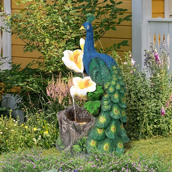 Ferrisland Resin Peacock Waterfall Fountain 3 Tiered Outdoor Floor Stacked Water Fountain Sculpture for Lawn Decorative Garden Party Landscape Patio Court Backyard Deck Art Decor 22.8" Blue