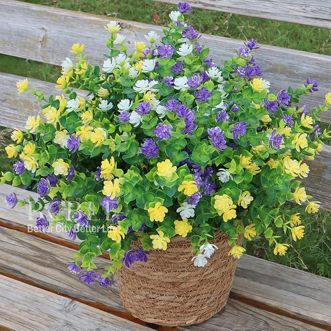 BCBLF UV Resistant Artificial Flowers for Indoor and Outdoor Use, 12 Bundles Not-Fading Faux Plants for Porch, Patio, Garden, and Home Decoration - Yellow Purple White