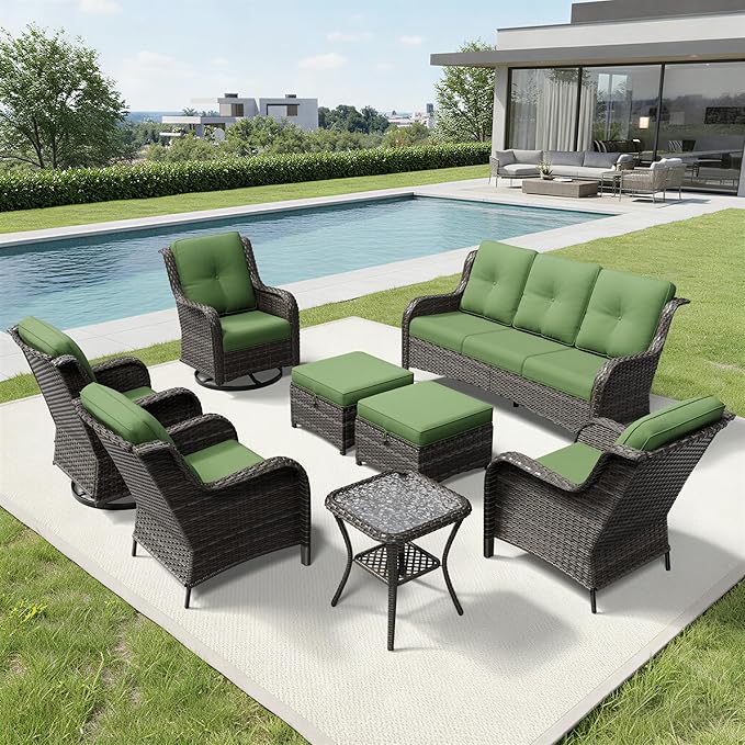 Joyside 8 Piece Wicker Patio Furniture Set, Outdoor Swivel Rocker Patio Chairs with High Back, Deep Seating, Wide Armrest, Thickened Cushions, Outdoor Furniture for Deck, Porch Use